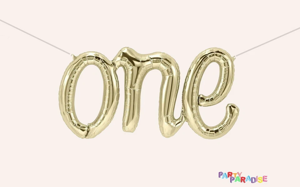 Lámina de oro "One" +6 globos de oro +6 de plata cromados, estilo de escritura a mano, 1er CUMPLEAÑOS Foto 2 de 4