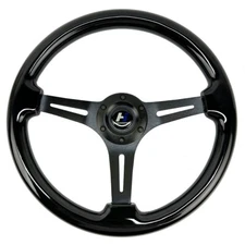 Hiwowsport 14" Black Wood Steering Wheel 6 Bolts 1.75" Depth Aluminium Spokes