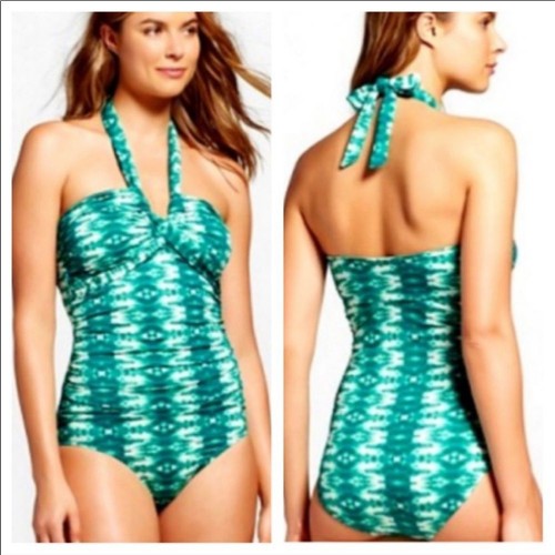 Merona Green and White Tie-Dye Center Halter V-neck One-Piece Swimsuit - Picture 14 of 14