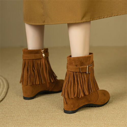 Western Womens Tassel Hidden Wedge Heel Buckle Strap Side Zip Ankle Boots New - Picture 7 of 15