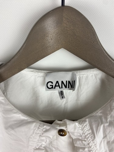 PVP $205 GANNI Camisa Blanca Algodón Gran Tamaño Cuello con Volantes Talla 38 - Imagen 9 de 19