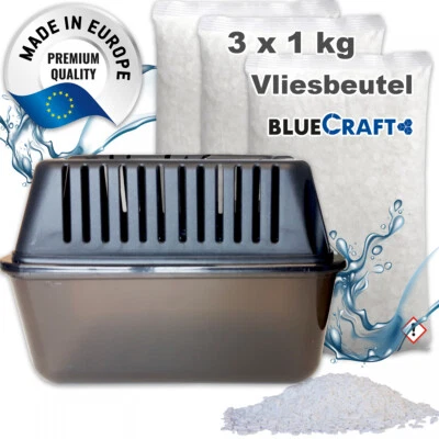 BLUECRAFT Raumentfeuchter Box + 3x 1kg Luft-Entfeuchter Granulat Vliesbeutel Nachfüllpack