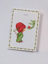 Tarjeta de Navidad vintage con sello niña pájaro en árbol encantadores serie? Sin usar