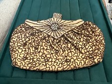 Vintage 1960s Beaded Clutch Ivory Brown W/ Rhinestones