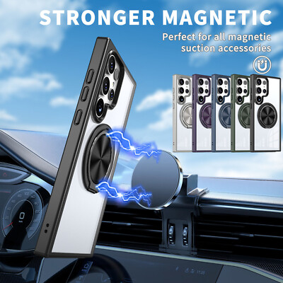For Samsung S24 Ultra S23 S22 S21 Shockproof Ring Stand Clear Hard Mag Safe Case
