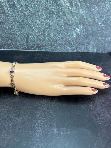 925 Sterling Silver Gold Amethyst Peridot Rhinestone Jeweled Bracelet Signed - Picture 4 of 11