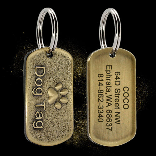 BRASS DOG TAGS RECTANGLE PERSONALIZED CUSTOM PET NAME ID ENGRAVED FOR COLLAR - Picture 1 of 9