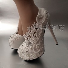 su.cheny 5.5" heel white pearl lace flowers platform heels Wedding Bridal shoes