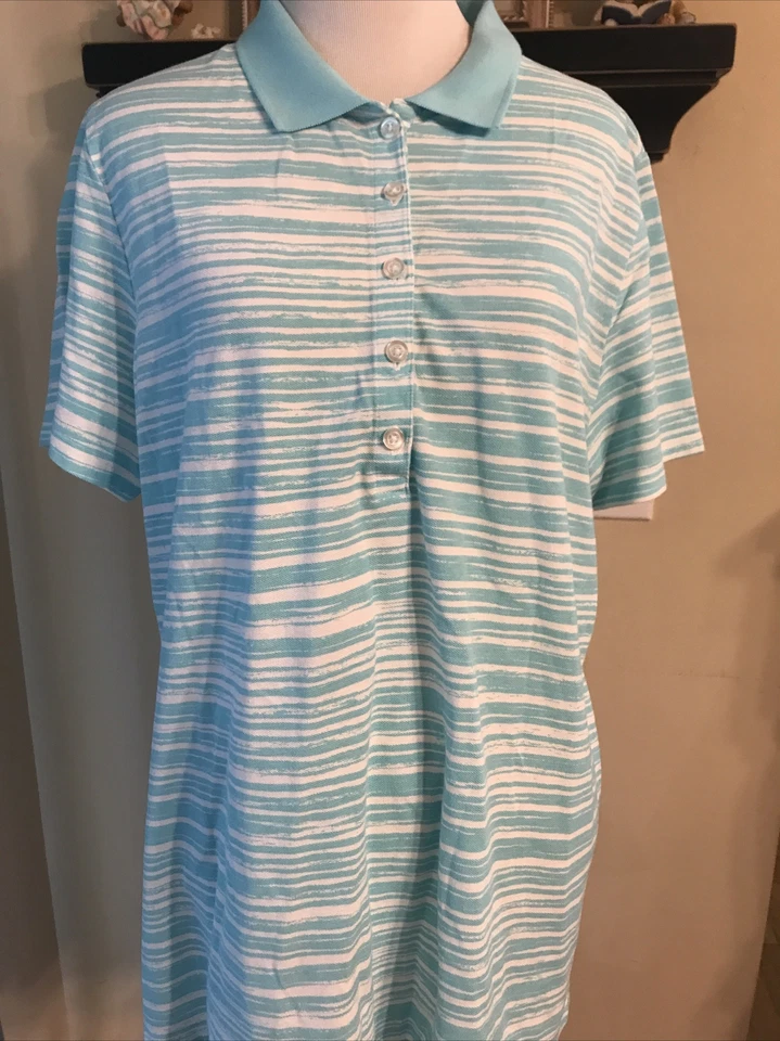 NWOT Kim Rogers Women's Polo Shirt Turquoise & White Stripe Size LARGE - Image 2 of 4