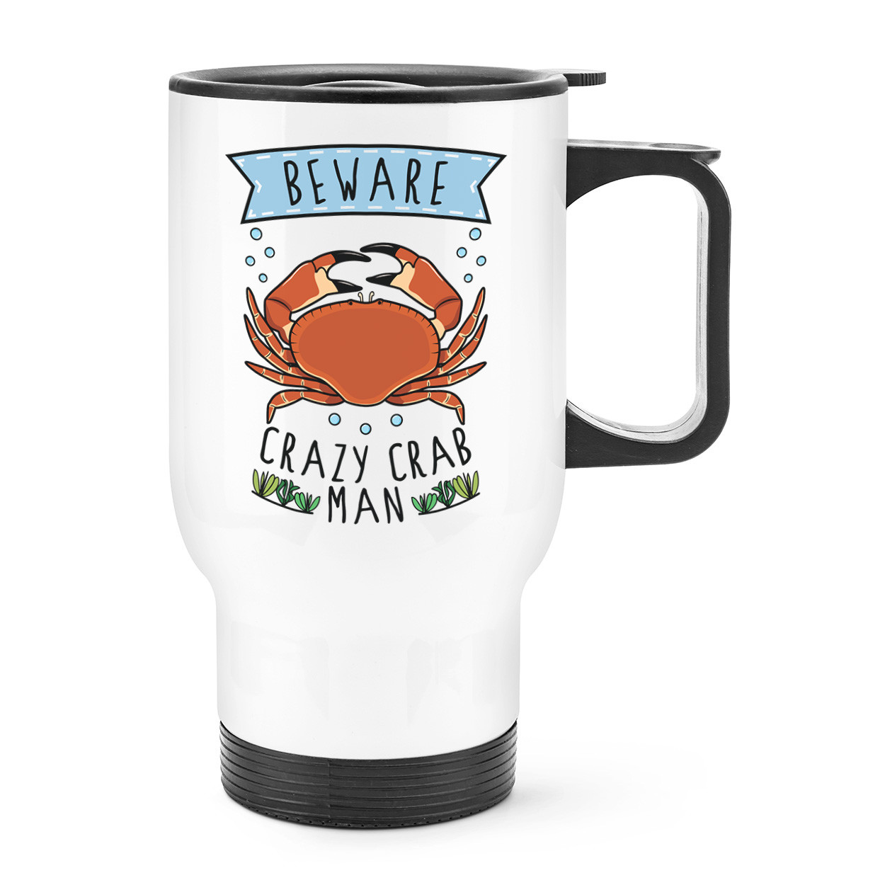 Beware Crazy Crab Man Travel Mug Cup With Handle - Funny Animal Sea Thermal