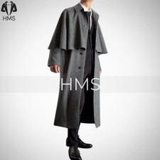 Men's Grey 100 Wool Overcoat With Cape Winter Warm Coat long Cape Coat