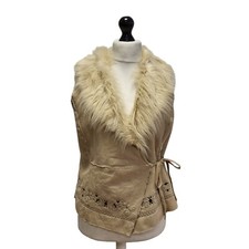 Evie Bodywarmer Gilet Faux Suede Fur Trim Beige Women's Uk Xl 14 Yy515