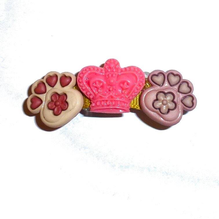 Pink dog paws crown french barrette  clip pet hair bow (fb444)