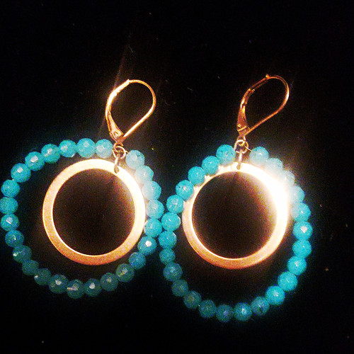Blue Plastic Beaded Round Dangle Drop Earrings Gold Tone Hook Closure Pair