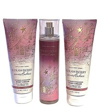3 Bath  Body Works STRAWBERRY SNOWFLAKES 2 Body Creams, 1 Fragrance Mist 8 oz