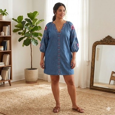 Blue Chambray Tunic/Mini Dress Women XL Blue Floral Embroidery Peasant Top Boho