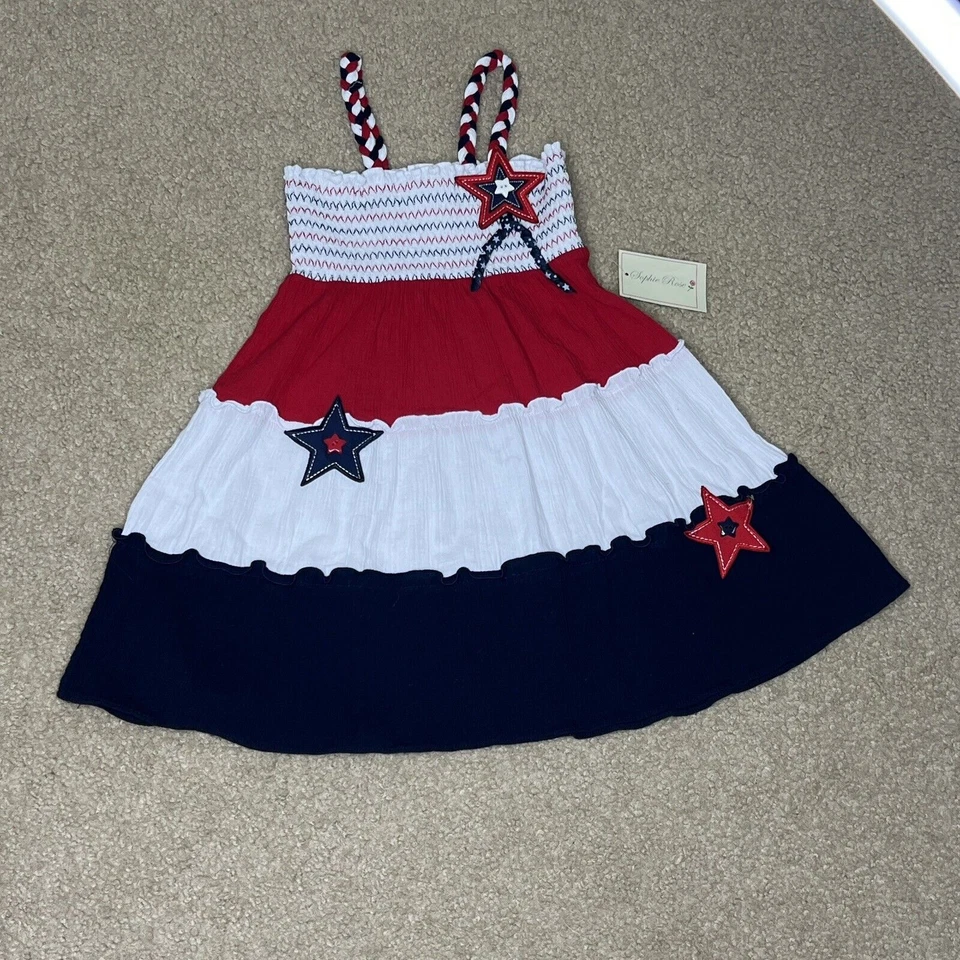 NUEVO Vestido Sophie Rose Niñas Talla 5 Calado Estrellas Patrióticas Rojo Blanco Azul Foto 2 de 4