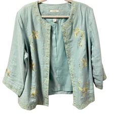 Dressbarn Woman 20W Embroidered Linen Jacket Blue With 3/4 Sleeves