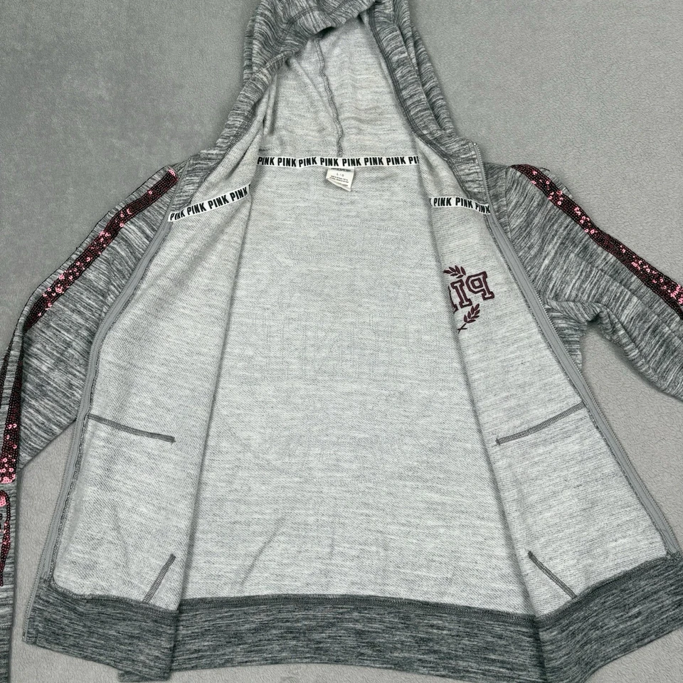 Victoria’s Secret ROSA Bling Lentejuelas Sudadera con Capucha Cremallera Completa Gris Talla Grande Y2K Foto 3 de 4