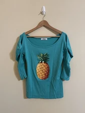 Chloe Pineapple Print Tee Shirt Vtg Turquoise Medium