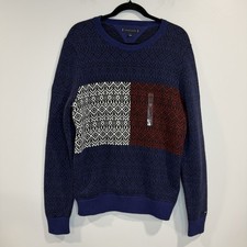 Tommy Hilfiger Sweater Mens Blue 100 Cotton Knit Fair Isle Flag Size M NWT