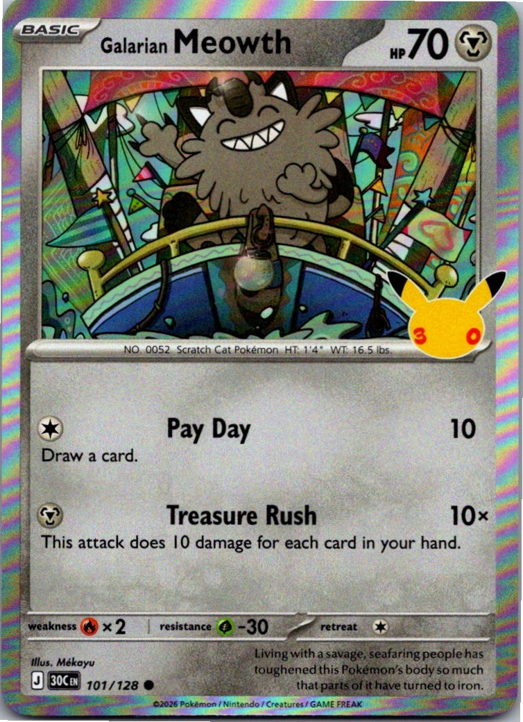Galarian Meowth 101/128 Common ME: 30th Celebration Pokemon Holo Near Mint