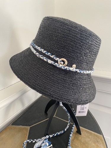 HELEN KAMINSKI  ESTELLA RAFFIA  BUCKET HAT WITH CHIN STRAP NEW/TAG CHARCOAL/MULT