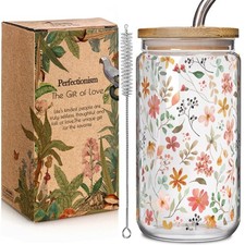 Floral Iced Glass Cups with Bamboo Lids and Straws 16oz 1 Ounces, Clear
