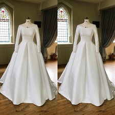Wedding Dresses with Long Sleeves Pearls Scoop Neck A Line Satin Bridal Gowns