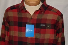 NWT COLUMBIA Large Men's L/S Cotton Blend Flannel Shirt Red Black Tan Plaid