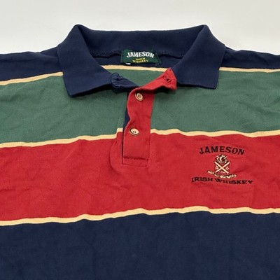 Jameson Men's Rugby Polo Shirt Green Red Navy Striped Cotton Embroidered Size M