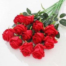 12Pcs Realistic Fake Red Roses Faux Flowers with Long Stems, Artificial Silk ...