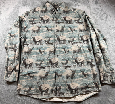 Cabela s Deer Print Chamois Shirt Men s LT Blue Button Up Hunting Outdoor