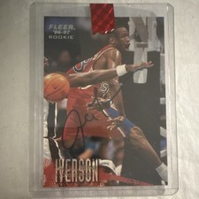 Fleer 1996-97 Allen Iverson Rookie Autographed 76ers NBA Card #235. rookie card picture