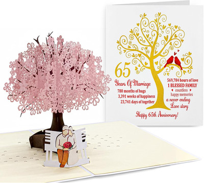 65Th Wedding Anniversary Pop-Up Card   3D Cherry Blossom Tree with Couple on Ben