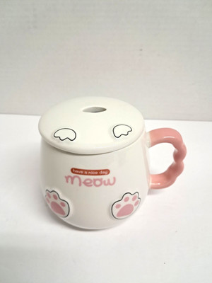 Have A Nice Day Meow Coffee Tea Mug With Lid 12.8 oz. Ceramic White/Pink
