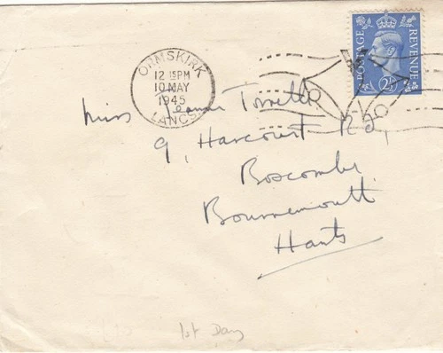 GB KGV1 cover with 2½d blue stamp & 1st day of V for Victory slogan 10 May 1945
