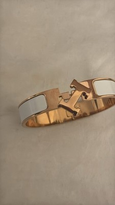Hermès Clic H bangle  bracelet rose gold tone white enamel pre owned w dust bag