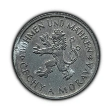 BOHEMIA AND MORAVIA. 1943, 1 Koruna - Czech Lion, Bilingual, Linden Leaves 1