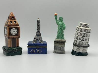 4 Hinged Trinket Boxes Statue Of Liberty, Big Ben, Eiffel Tower, Leaning Pisa