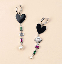 Brand New Black Enamel Heart Dangle Hoop Earrings  with Pearl Crystals. RRP £150