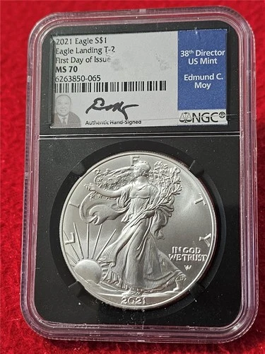 2021-S Silver Eagle Dollar T-2  ASE NGC MS 70 EAGLE LANDING EDMUND C. MOY #T1690