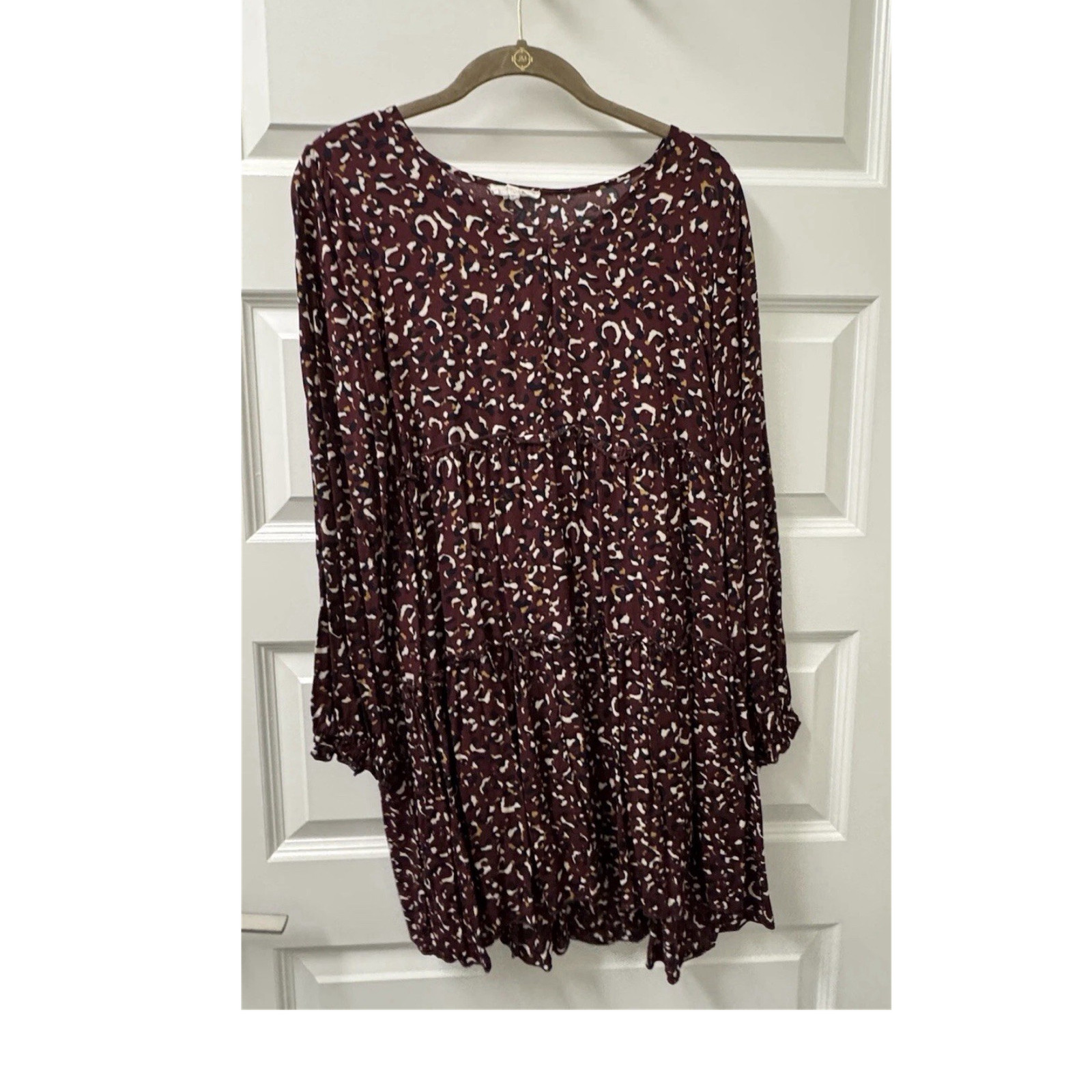 Easel Burgundy Animal Print Ruffle Long Sleeve Rayon A-Line Dress Size S