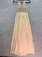 Lilbetter XS Tan Crochet Lace Halter Maxi Dress Cottagecore Fairy Backless Boho