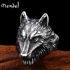 MENDEL Cool Mens Stainless Steel Viking Fenrir Wolf Head Ring For Men Size 7-15