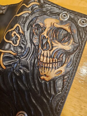 Custom Leather Tooled Grim Reaper Skull Wallet With Buttons