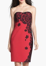 AIDAN MATTOX ~ Red Ponte Black Lace Applique Sheath Party Dress 0 NEW $365