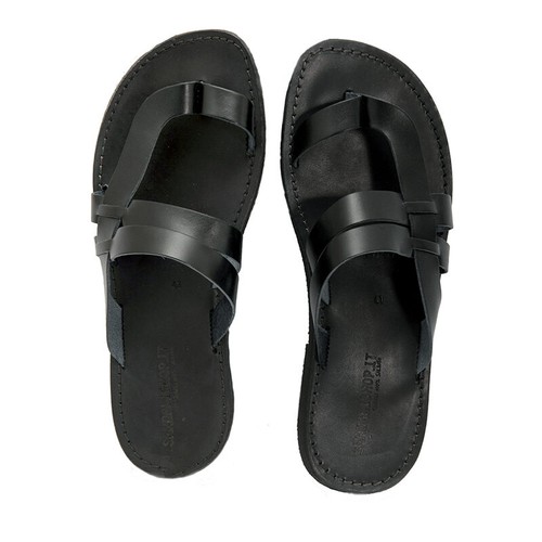 Scarpe Sandali uomo infradito in pelle e cuoio per il mare Etnico Nero - Picture 2 of 3