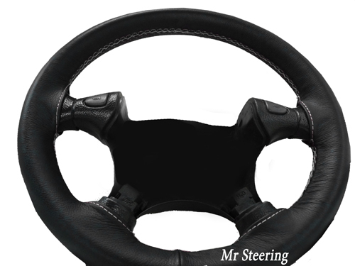 FOR VAUXHALL VECTRA B 95-02 REAL BLACK LEATHER STEERING WHEEL COVER WHITE STITCH - Picture 2 of 5