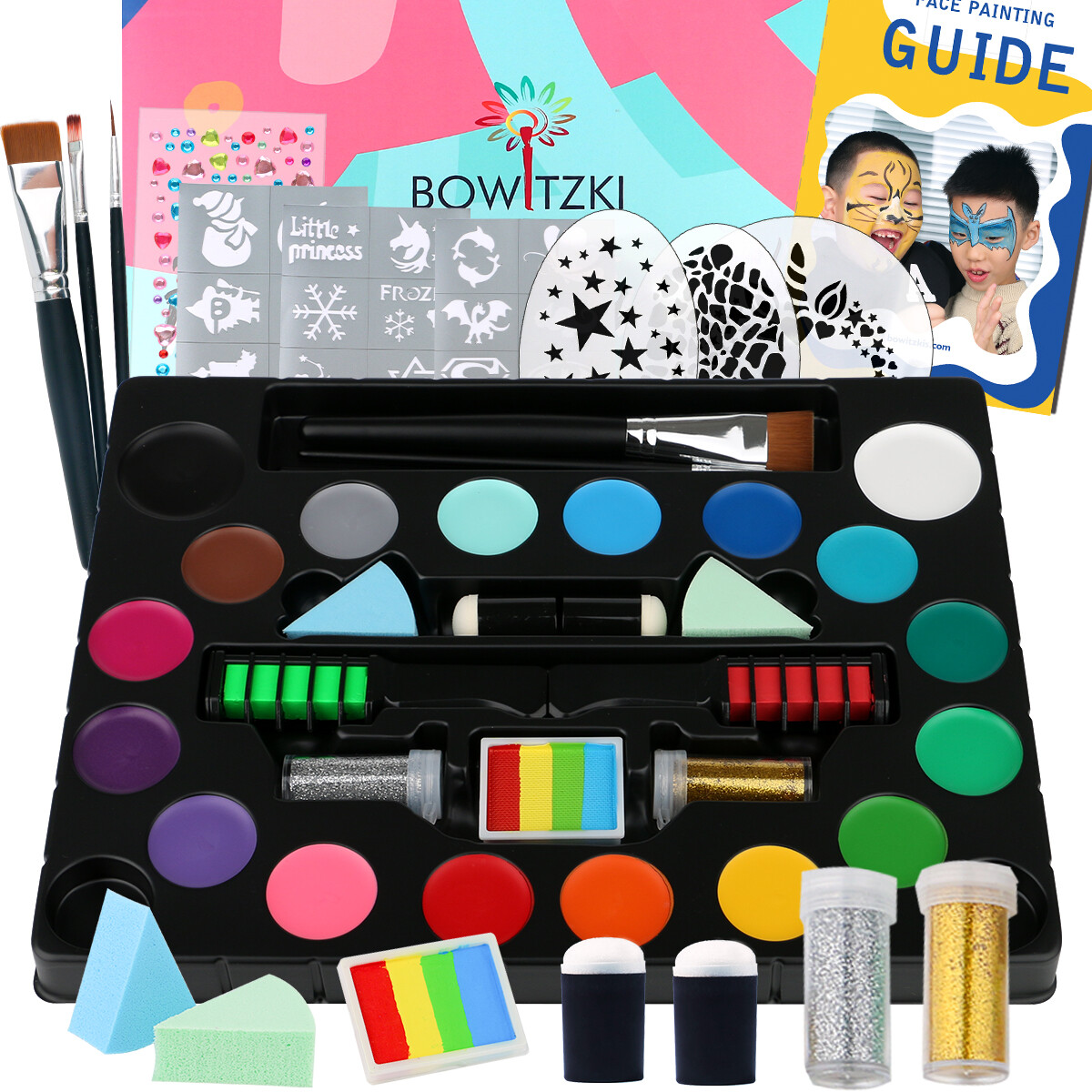 Bowitzki Face Paint Full Kit Split Cakes Palette Water Based Practice Boards Set image 4